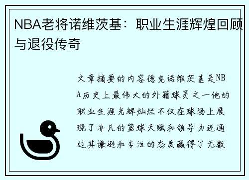 NBA老将诺维茨基：职业生涯辉煌回顾与退役传奇